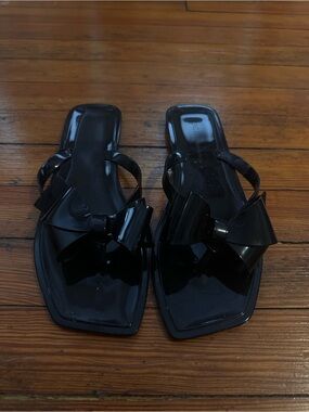 BCBGeneration Black Bow Jelly Square-Toe Slide Sandals